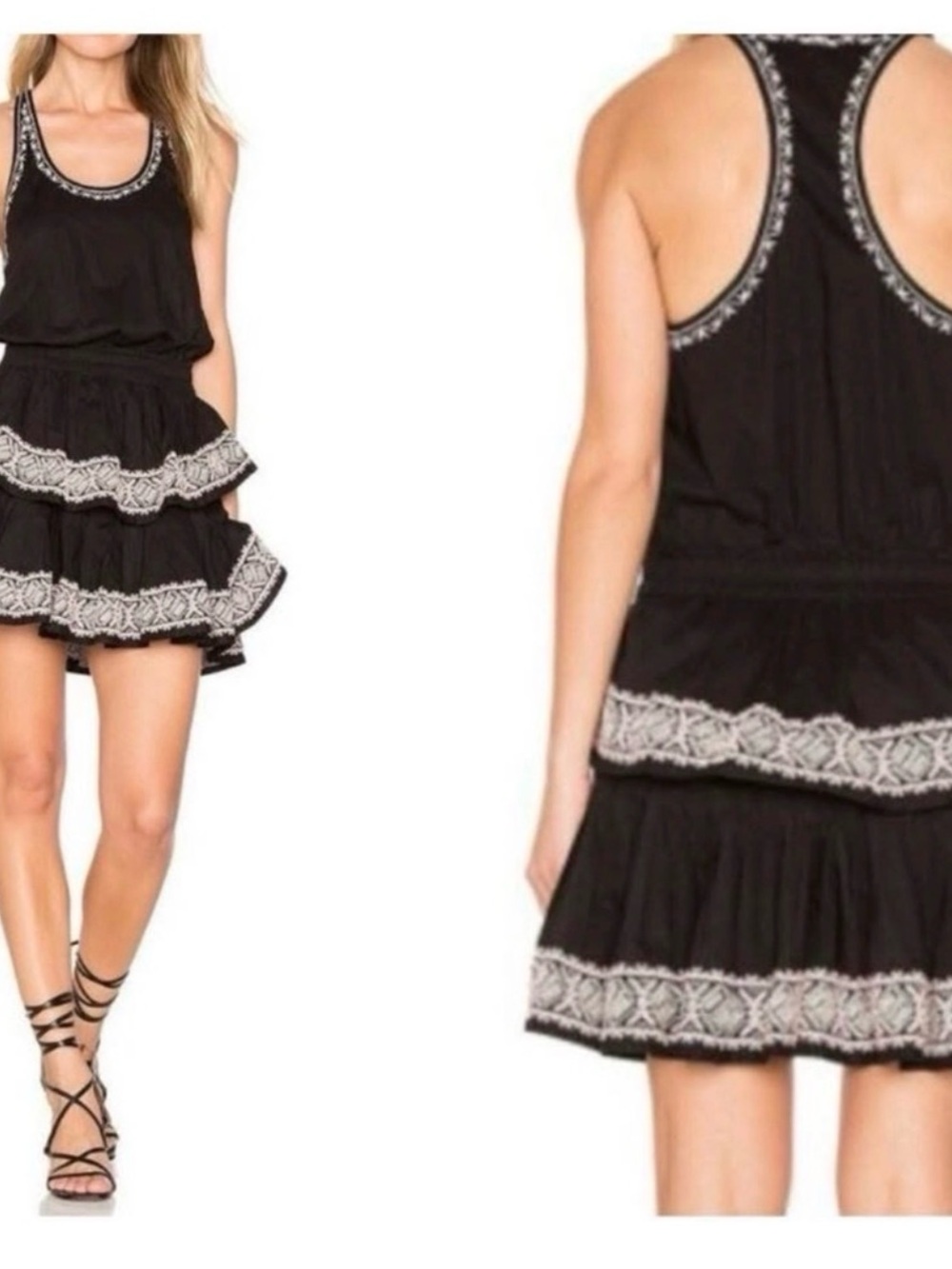 LoveShackFancy Black Mini Dress with White Embroidered Trim